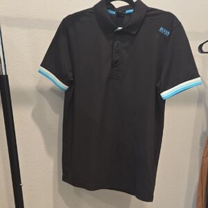 BOSS Black Polo with Aqua and White Sleeve Trim